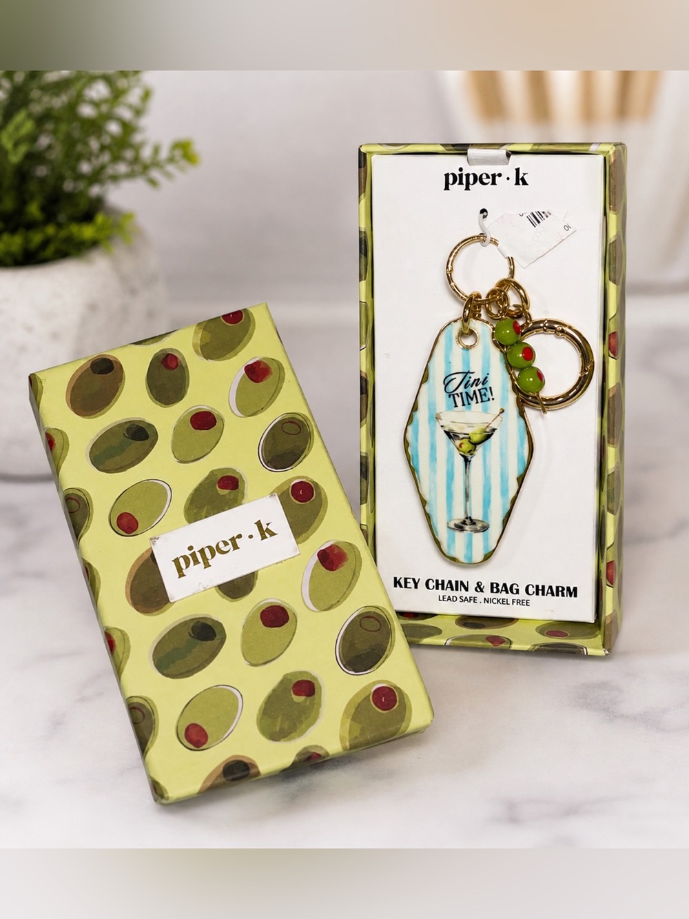 Piper K NWT Tini Time Martini Glass Key Chain & Bag Charm In Box Olive Pattern